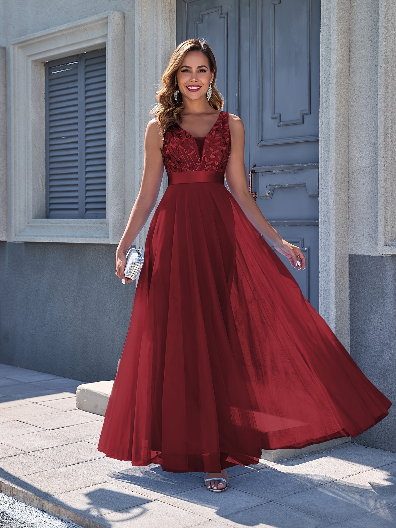 Women's Embroidered V-Neck Maxi Wedding Dress - Sleeveless detail view