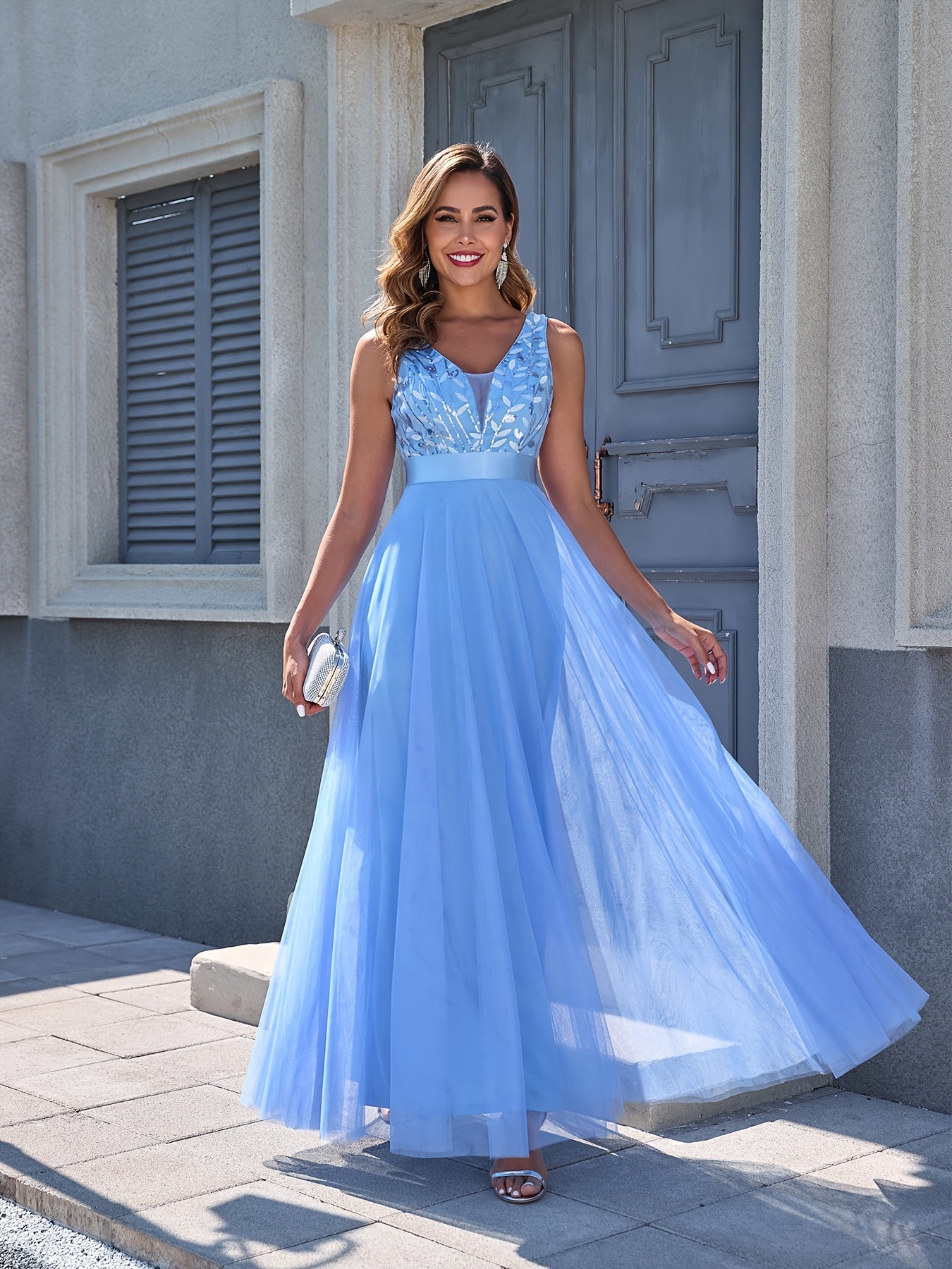 Women's Embroidered V-Neck Maxi Wedding Dress - Sleeveless detail view