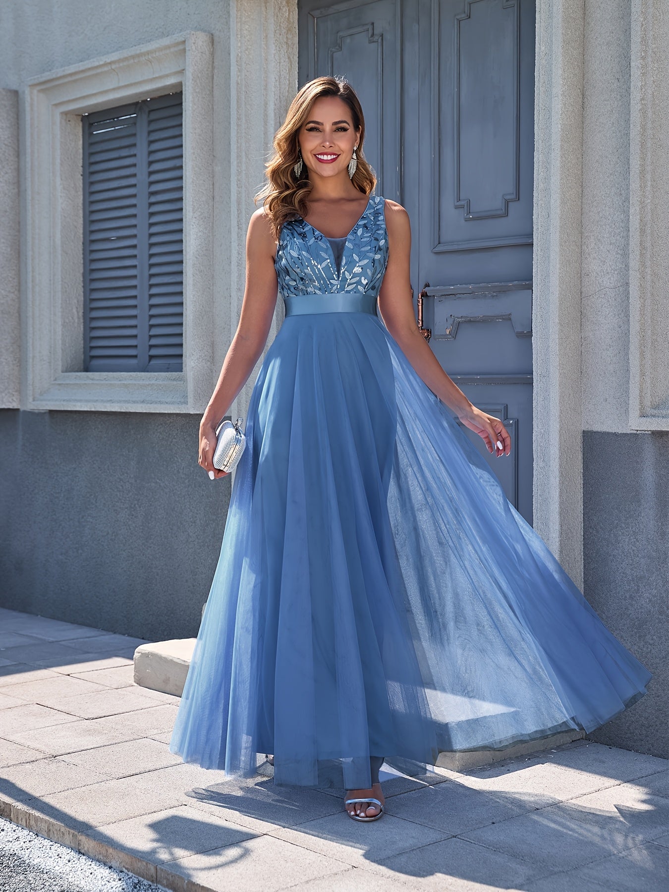 Women's Embroidered V-Neck Maxi Wedding Dress - Sleeveless detail view