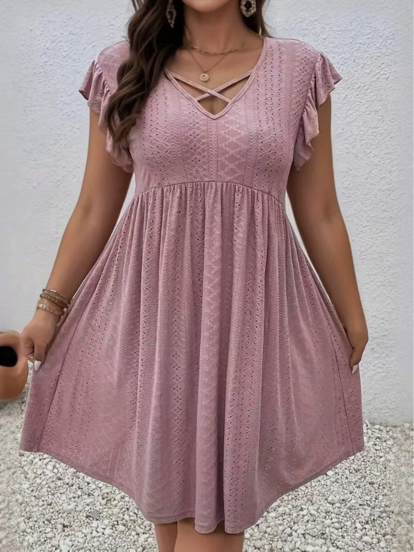 Women's Embroidered V-Neck Vacation Dress - Ruffle – main product image