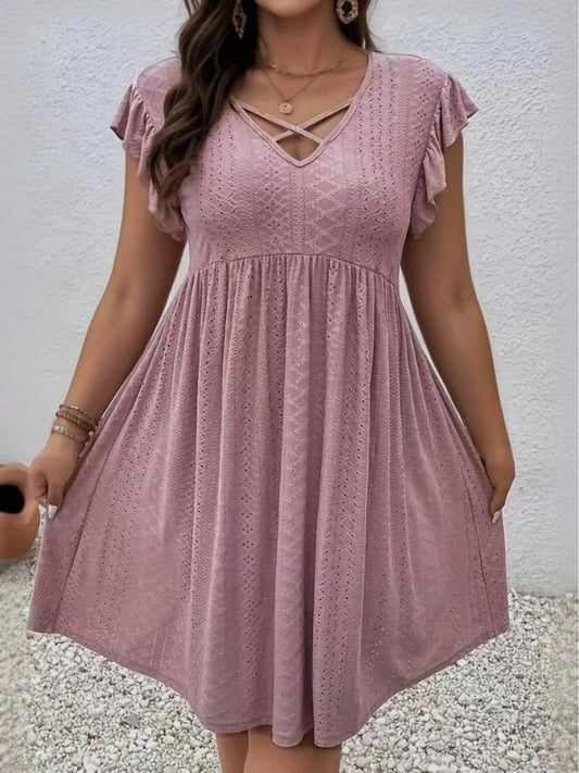 Women's Embroidered V-Neck Vacation Dress - Ruffle – main product image