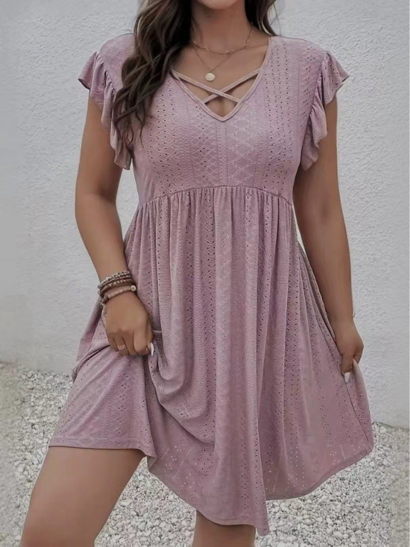 Women's Embroidered V-Neck Vacation Dress - Ruffle – view 8