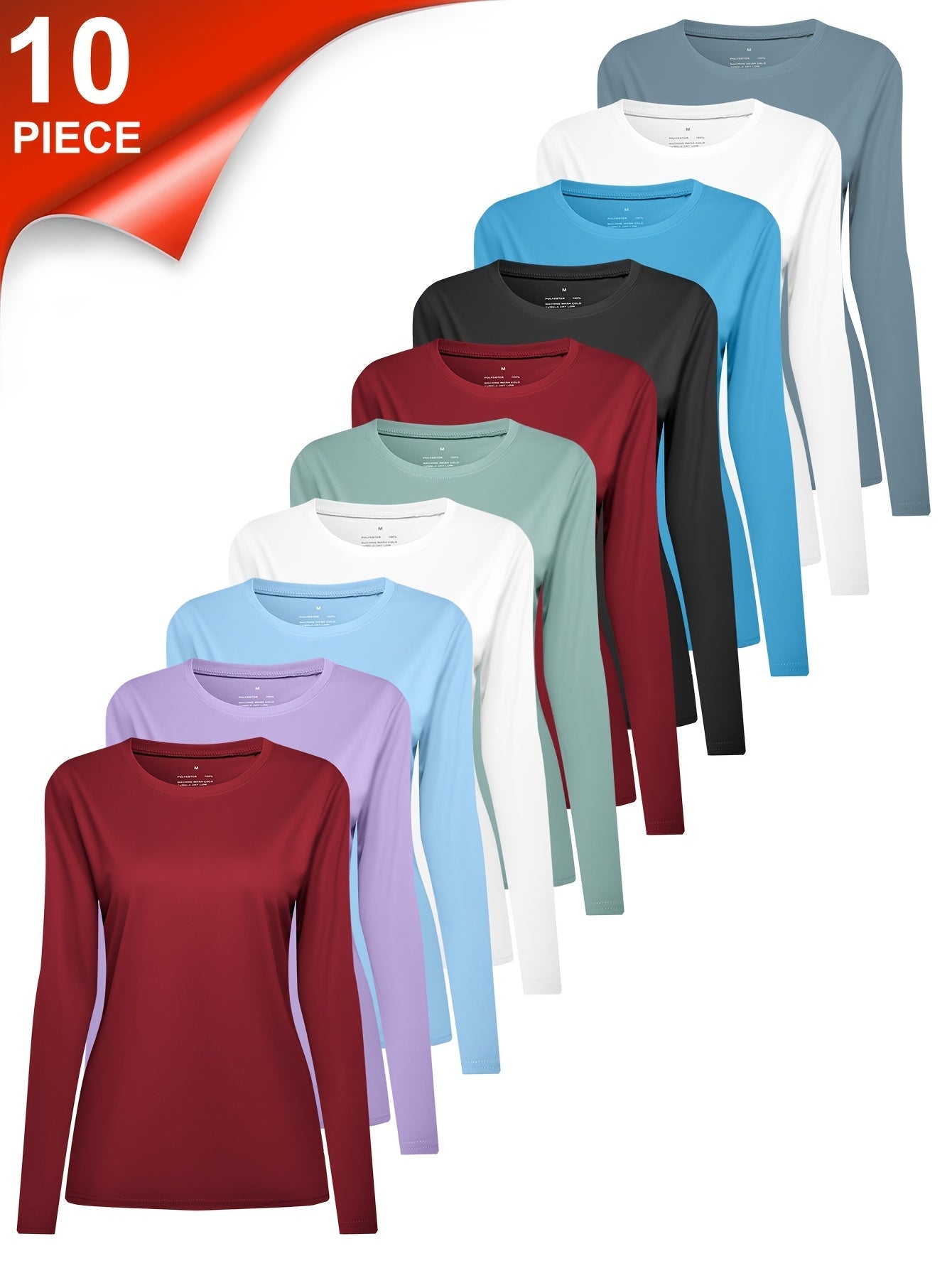 Women's Essential T-Shirt - 10-Pack Crew Neck Long Sleeve – Colorway 86373 detail view
