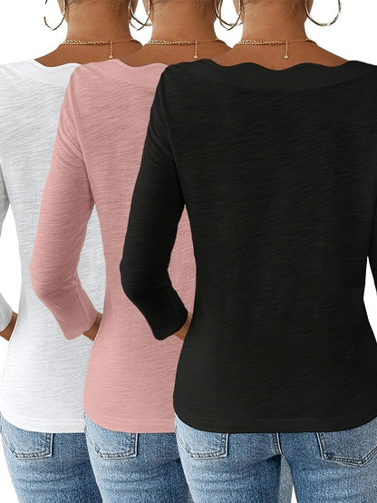 Women's Essential T-Shirt - 3-Pack Round Neck Long Sleeve – 10-Variant Selection detail view