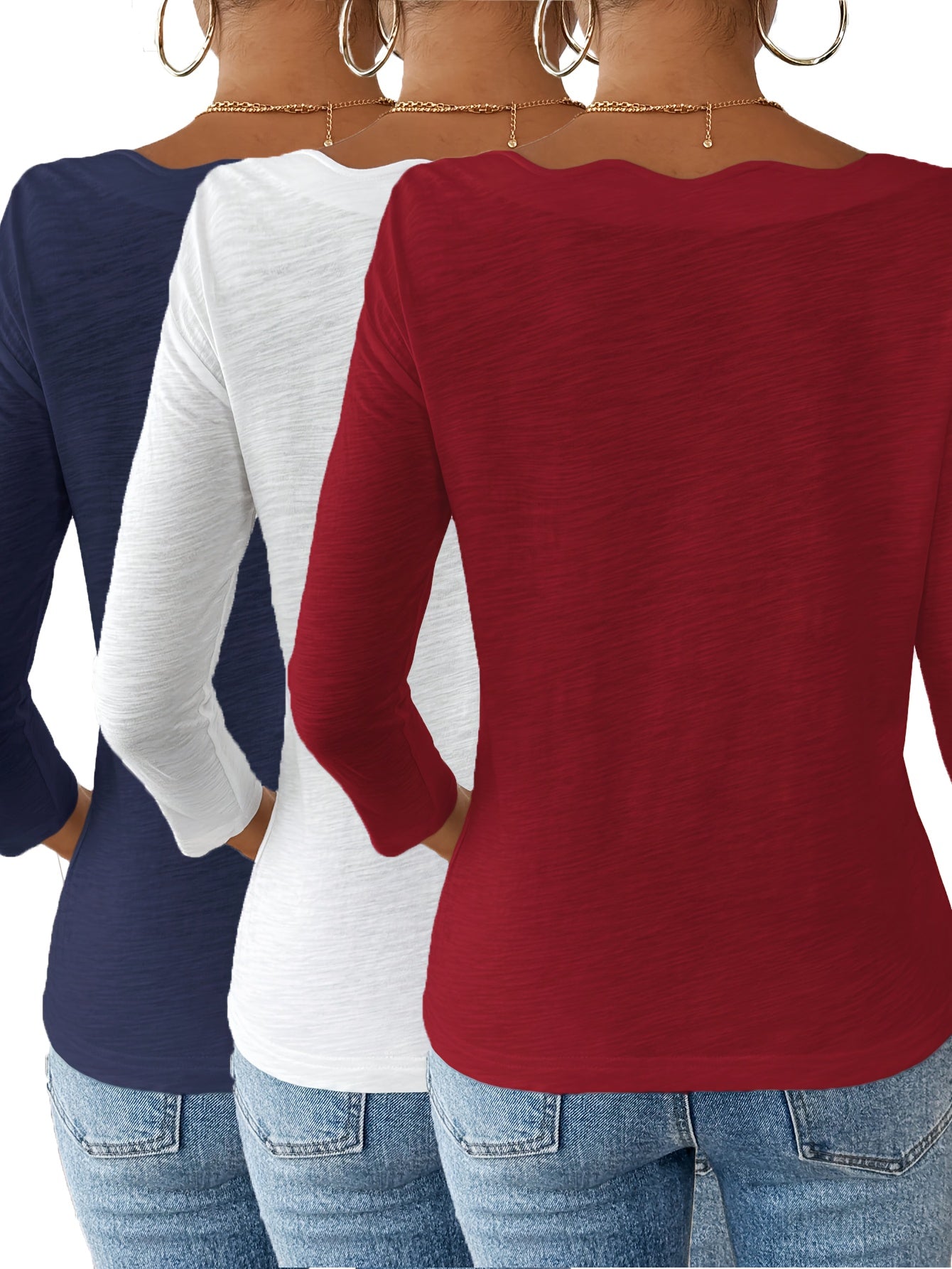Women's Essential T-Shirt - 3-Pack Round Neck Long Sleeve – 10-Variant Selection detail view