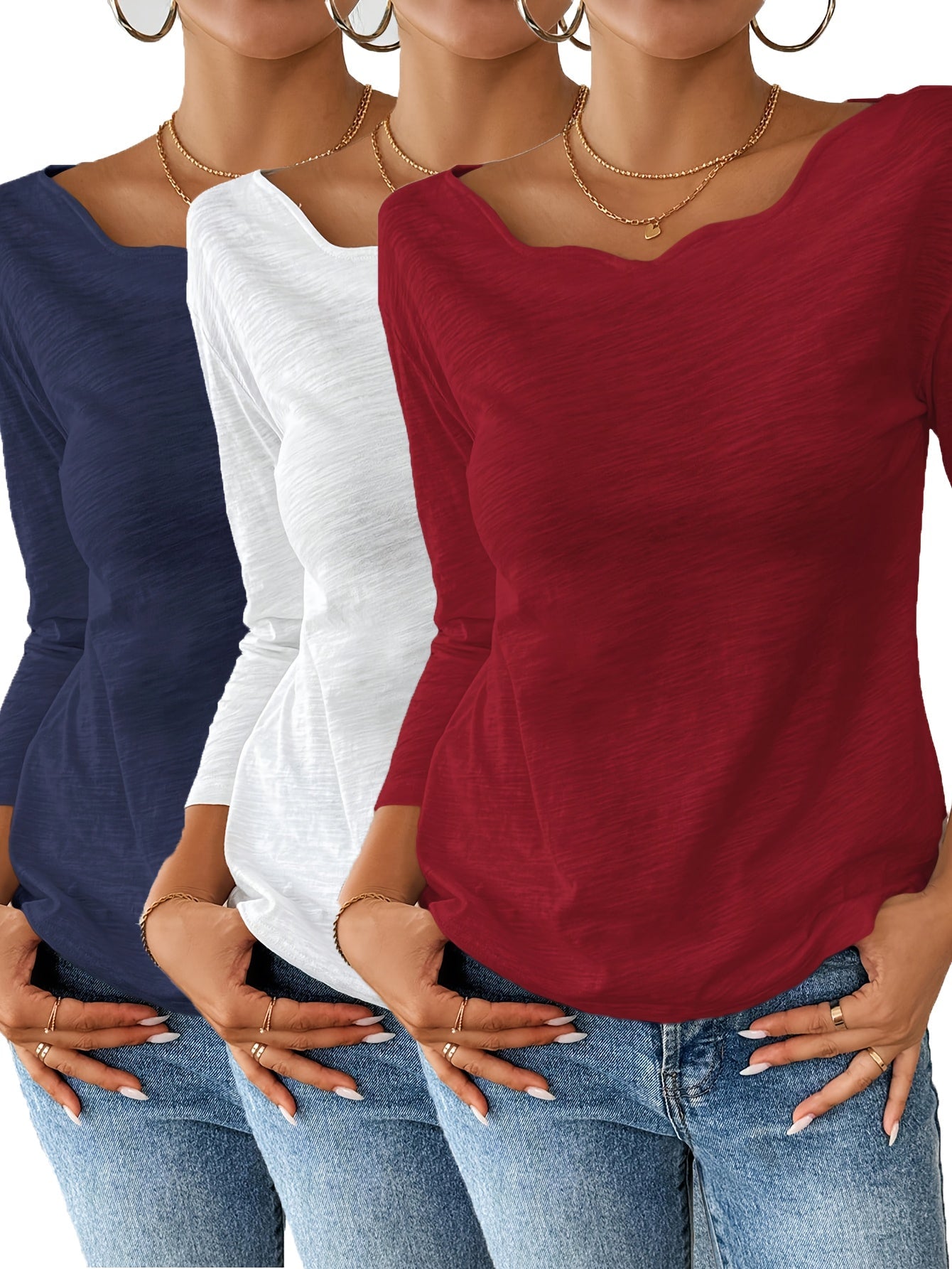 Women's Essential T-Shirt - 3-Pack Round Neck Long Sleeve – 10-Variant Selection – White option – main product image
