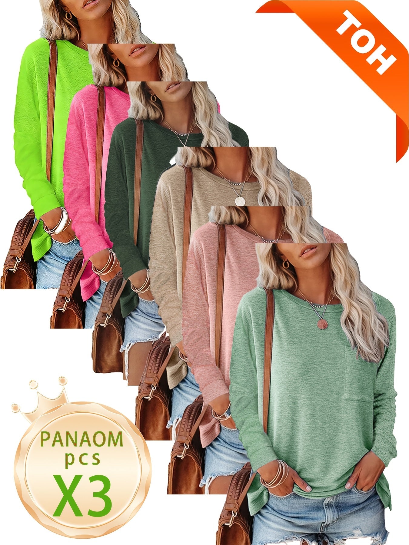 Women's Essential T-Shirt - 3-Pack Round Neck Long Sleeve – Regular fit / 3-Color Selection detail view