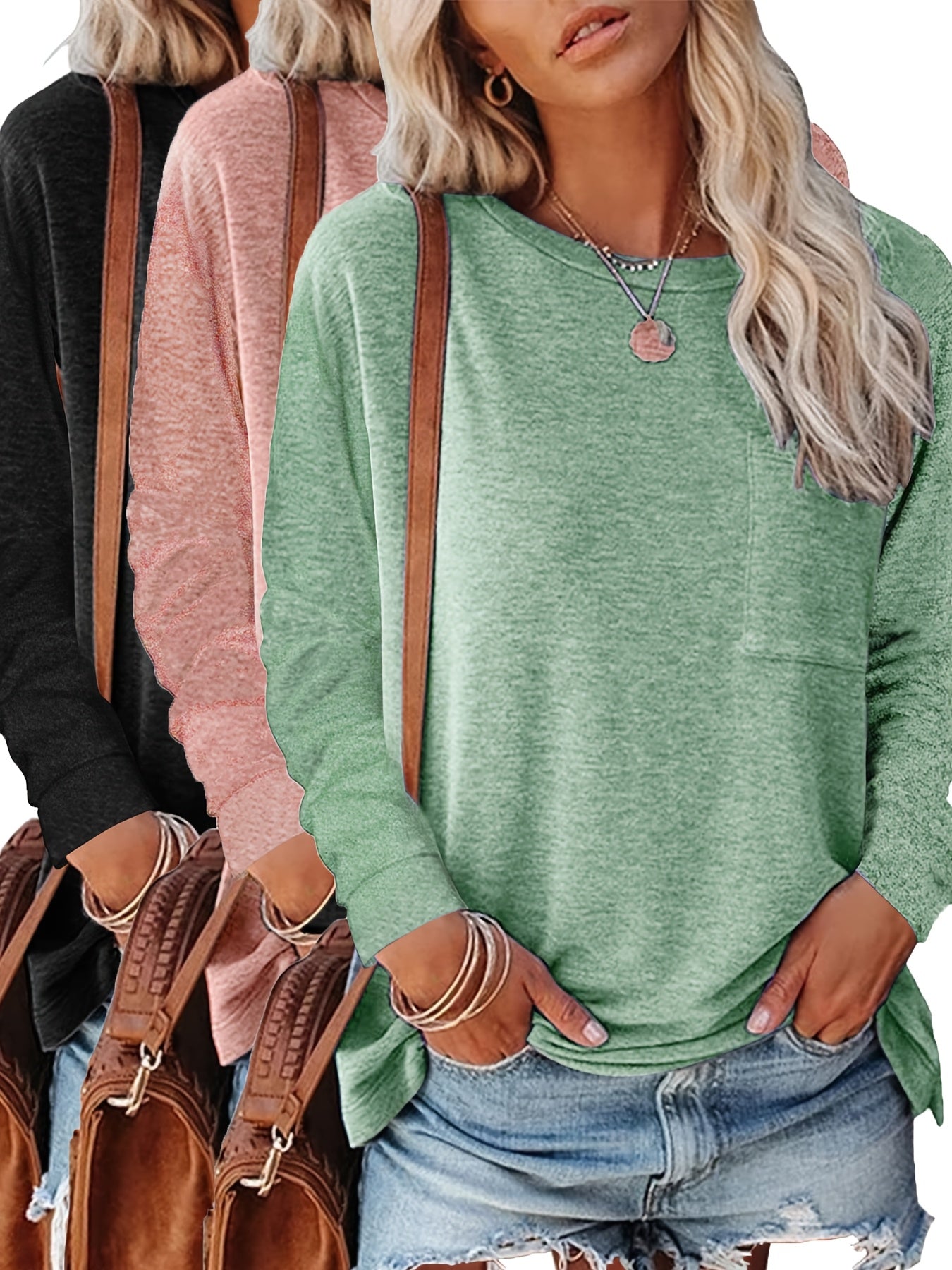 Women's Essential T-Shirt - 3-Pack Round Neck Long Sleeve – Regular fit / 3-Color Selection detail view