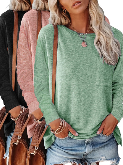 Women's Essential T-Shirt - 3-Pack Round Neck Long Sleeve – Regular fit / 3-Color Selection detail view