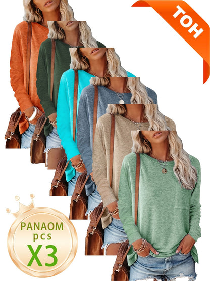 Women's Essential T-Shirt - 3-Pack Round Neck Long Sleeve – Regular fit / 3-Color Selection – Green option – main product ima