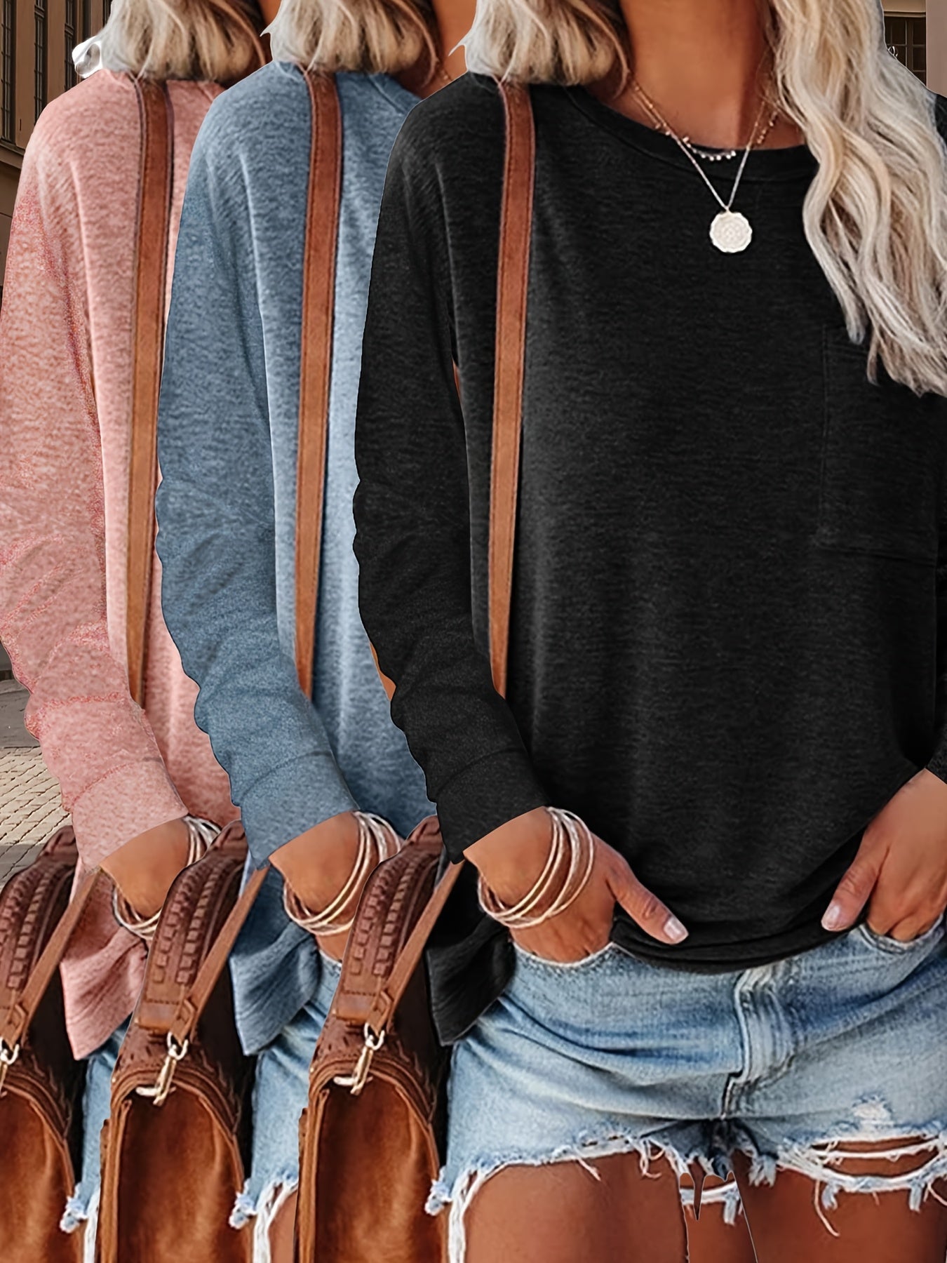 Women's Essential T-Shirt - 3-Pack Round Neck Long Sleeve – Relaxed fit / 3-Color Selection detail view