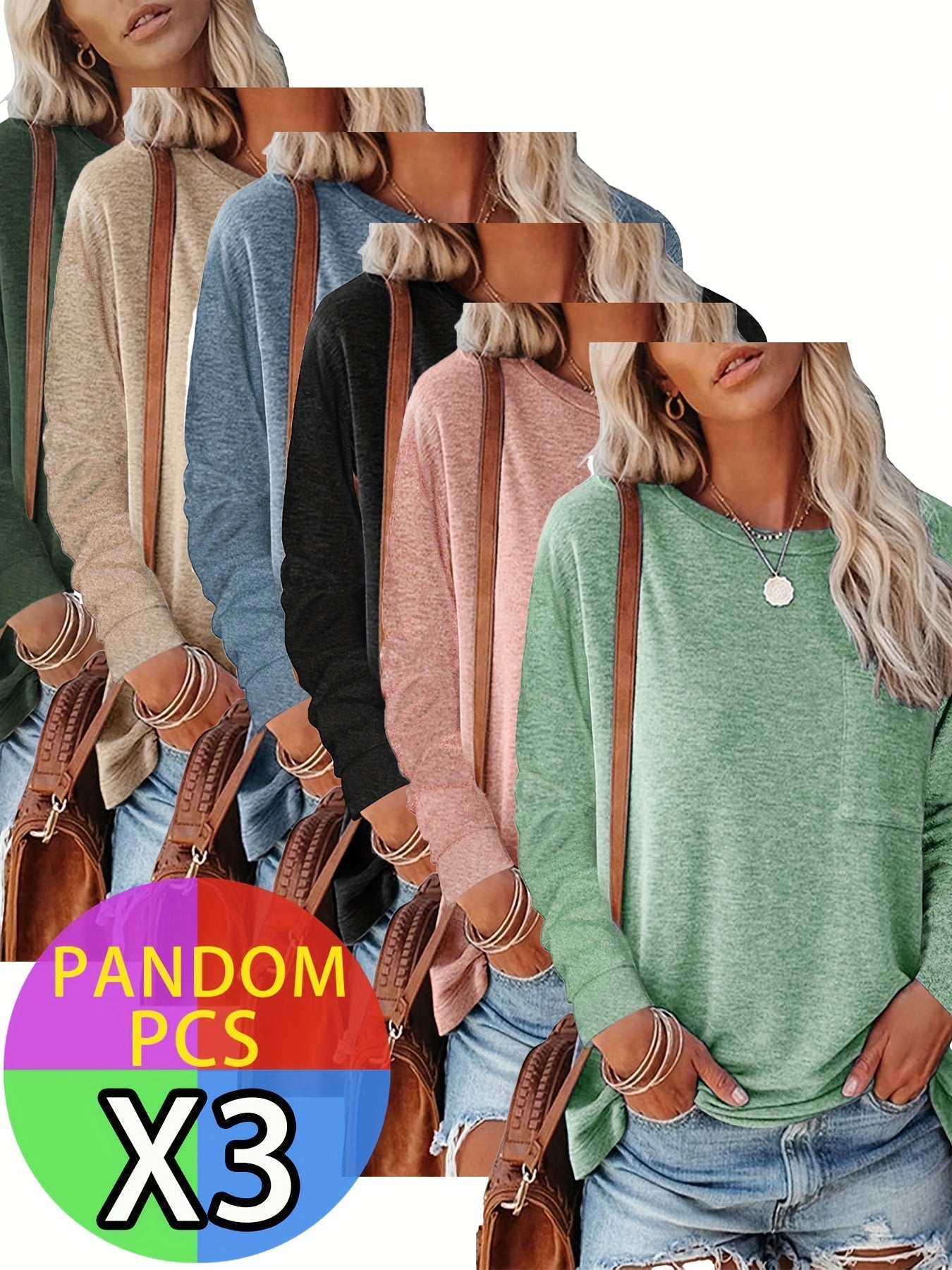 Women's Essential T-Shirt - 3-Pack Round Neck Long Sleeve – Relaxed fit / 3-Color Selection detail view