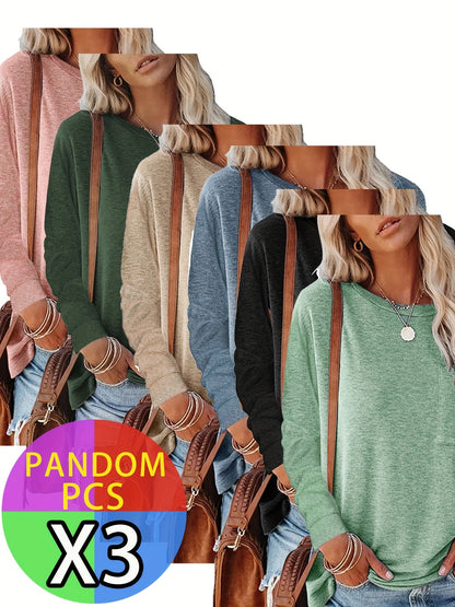 Women's Essential T-Shirt - 3-Pack Round Neck Long Sleeve – Relaxed fit / 3-Color Selection detail view