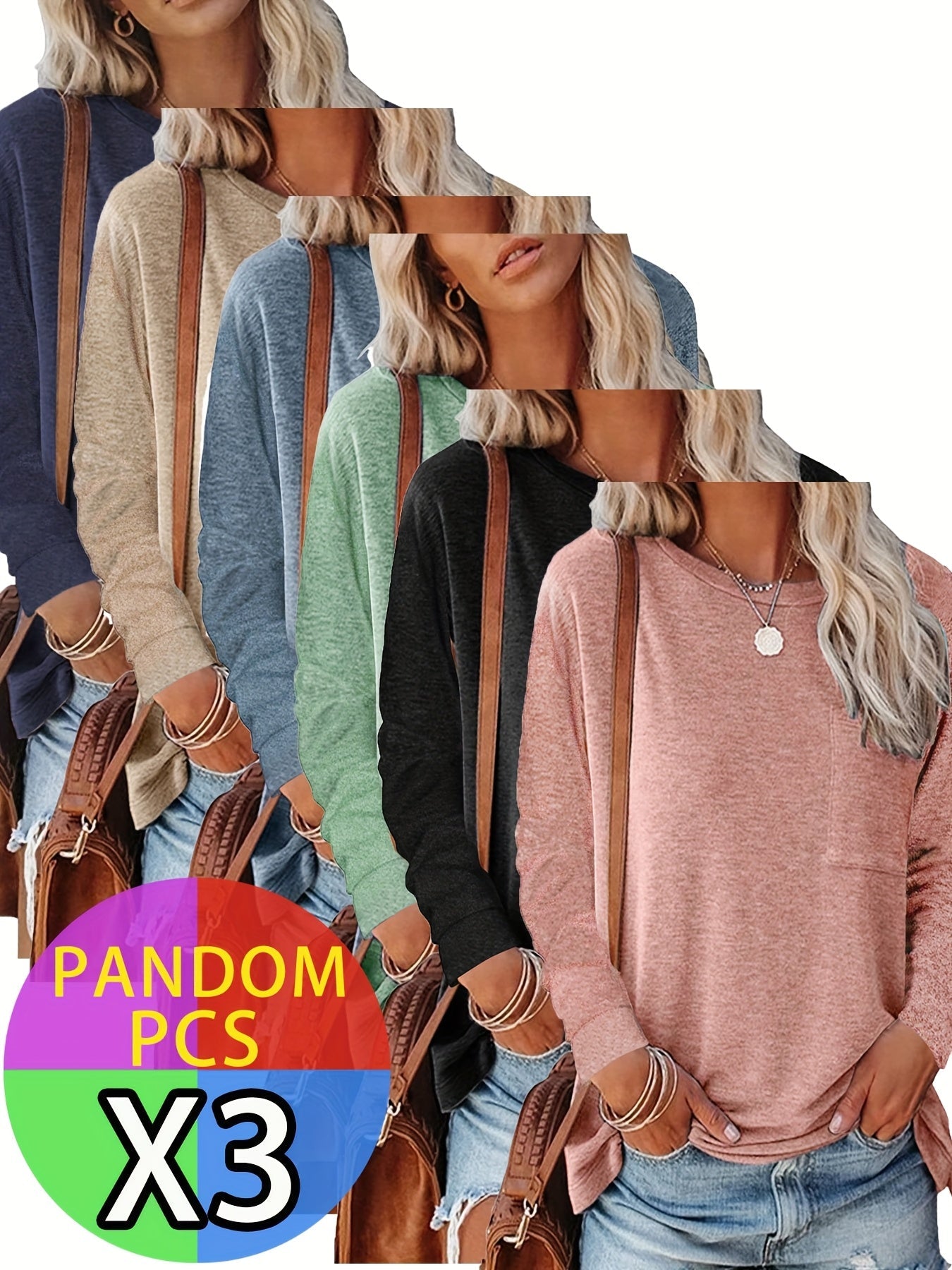 Women's Essential T-Shirt - 3-Pack Round Neck Long Sleeve – Relaxed fit / 3-Color Selection detail view