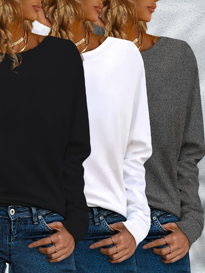 Women's Essential T-Shirt - 3-Pack Round Neck Long Sleeve – Sizes 1XL–5XL detail view