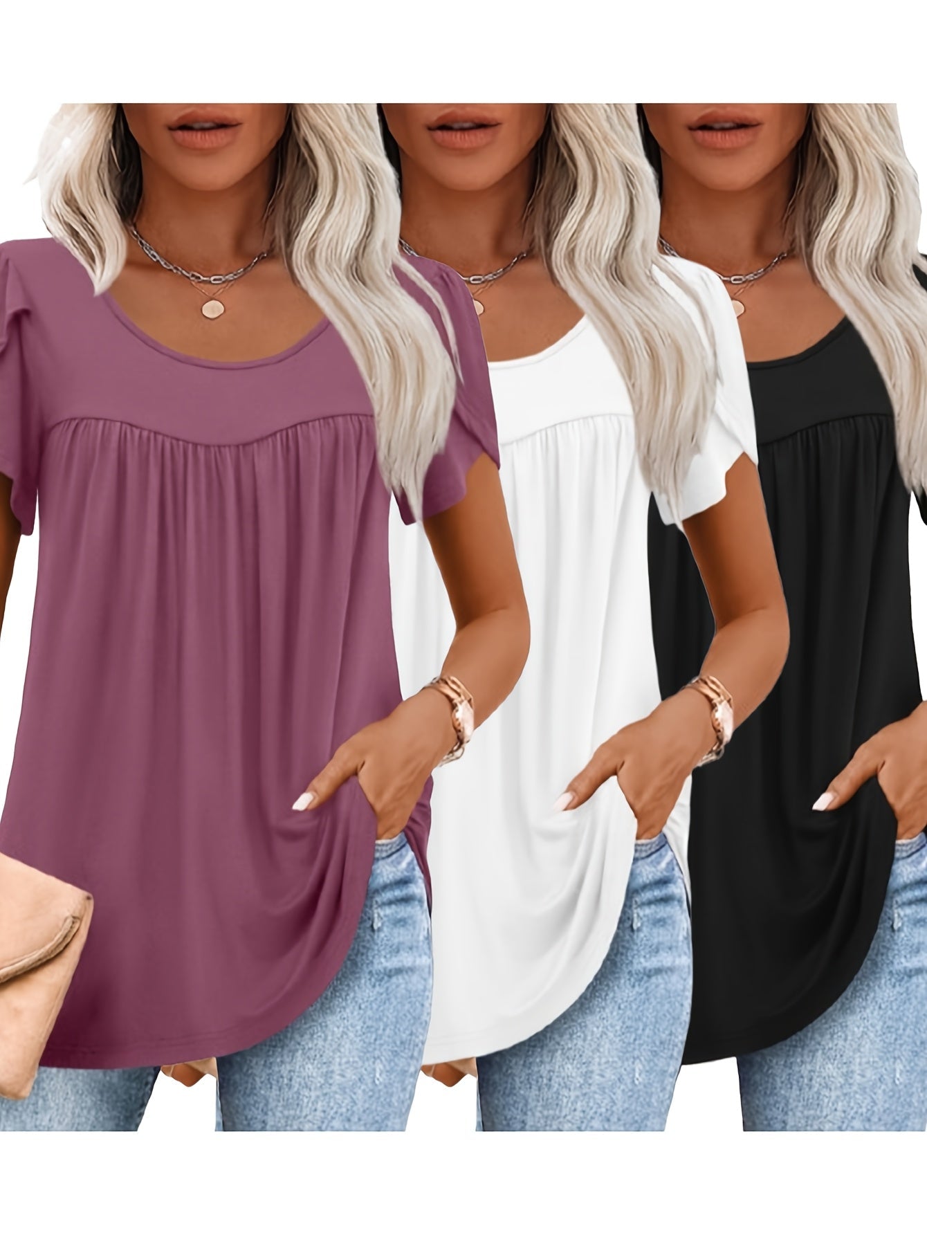 Women's Essential T-Shirt - 3-Pack Round Neck Short Sleeve – Colorway 26821 detail view