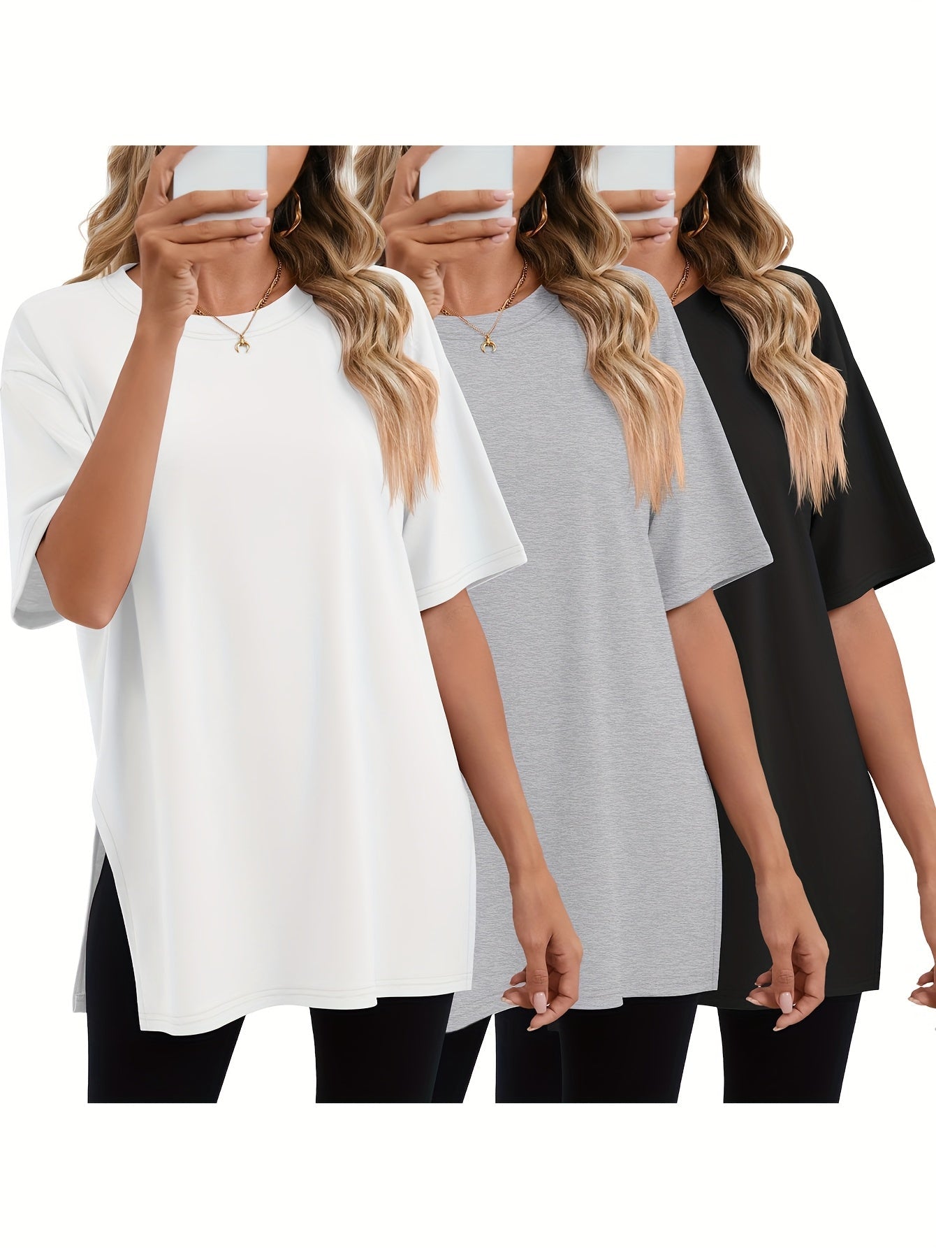 Women's Essential T-Shirt - 3-Pack Round Neck Short Sleeve – Colorway 52261 detail view