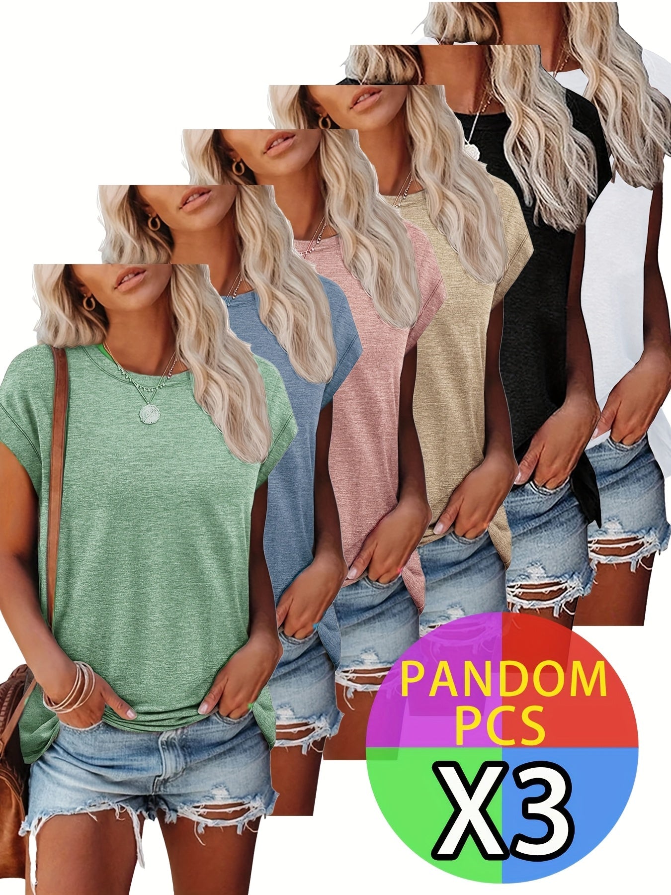 Women's Essential T-Shirt - 3-Pack Round Neck Short Sleeve – Regular fit / 15-Variant Selection detail view