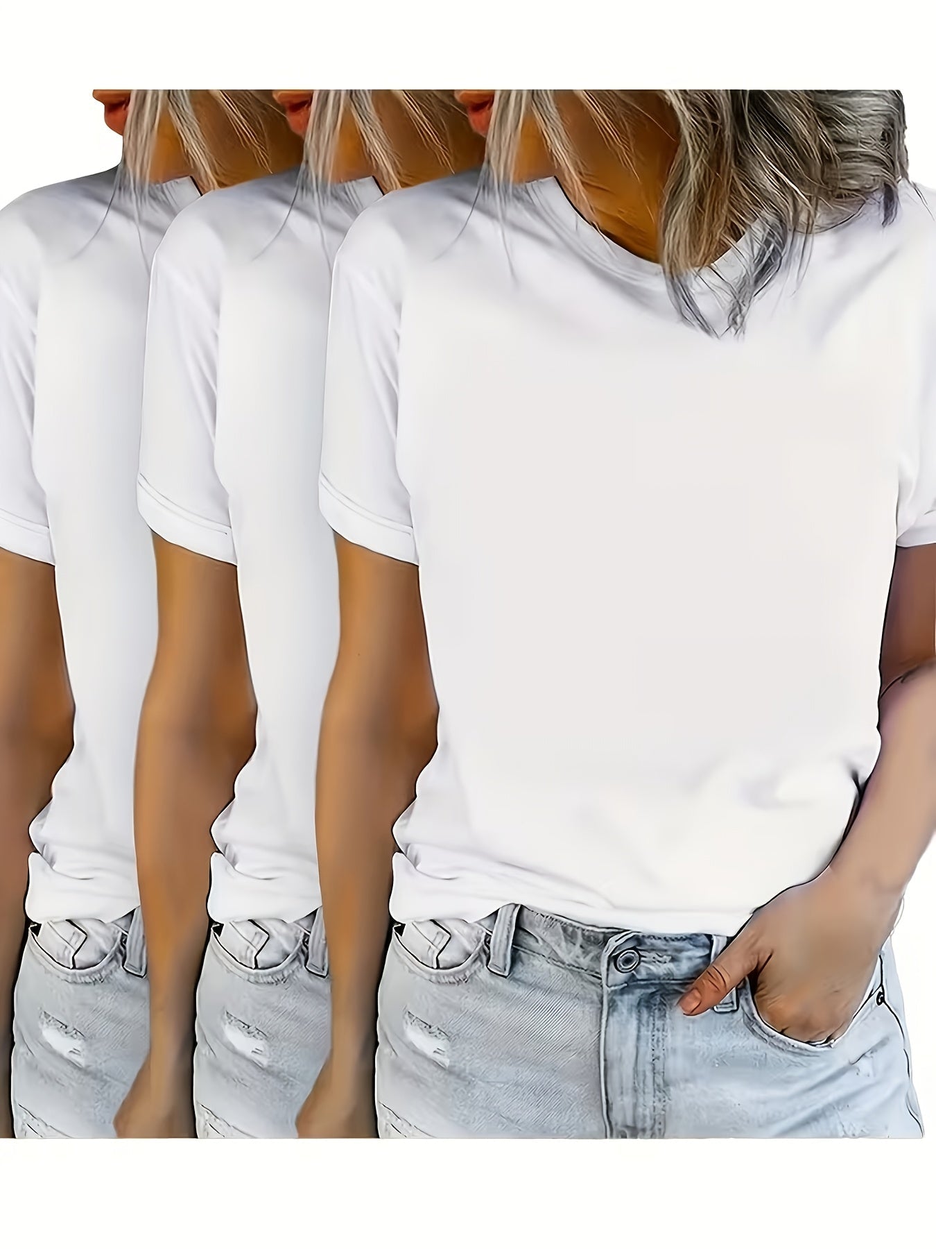 Women's Essential T-Shirt - 3-Pack Round Neck Short Sleeve – White / Black detail view