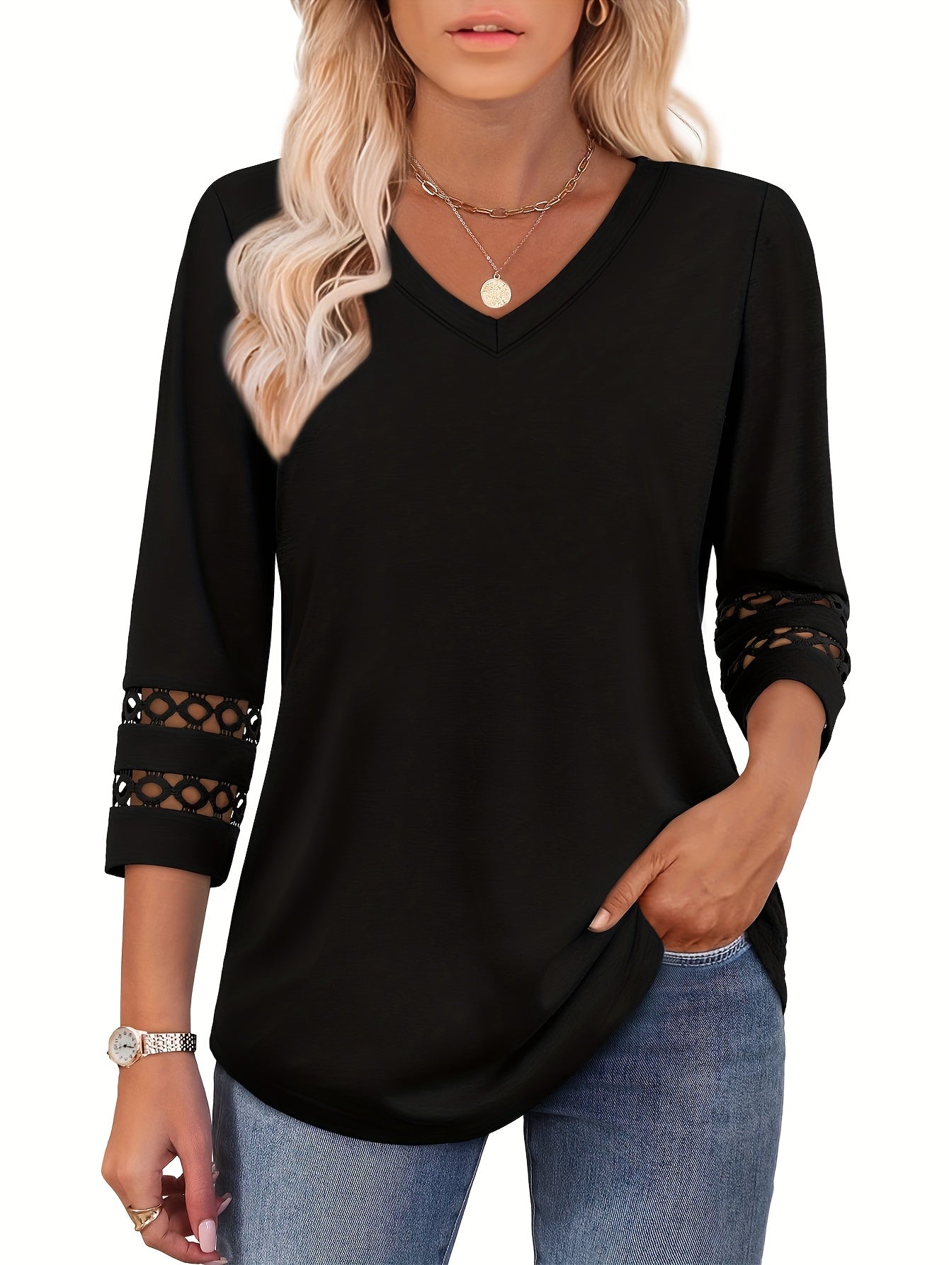 Women's Essential T-Shirt - 3-Pack V-Neck Three-Quarter Sleeve – Colorway 84005 detail view
