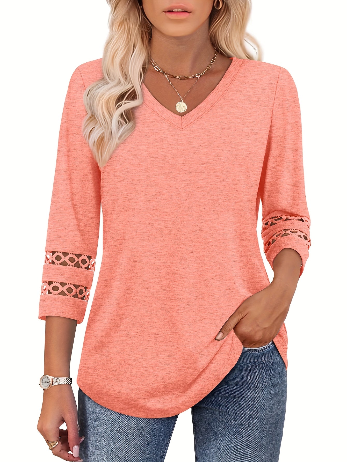 Women's Essential T-Shirt - 3-Pack V-Neck Three-Quarter Sleeve – Colorway 84005 detail view