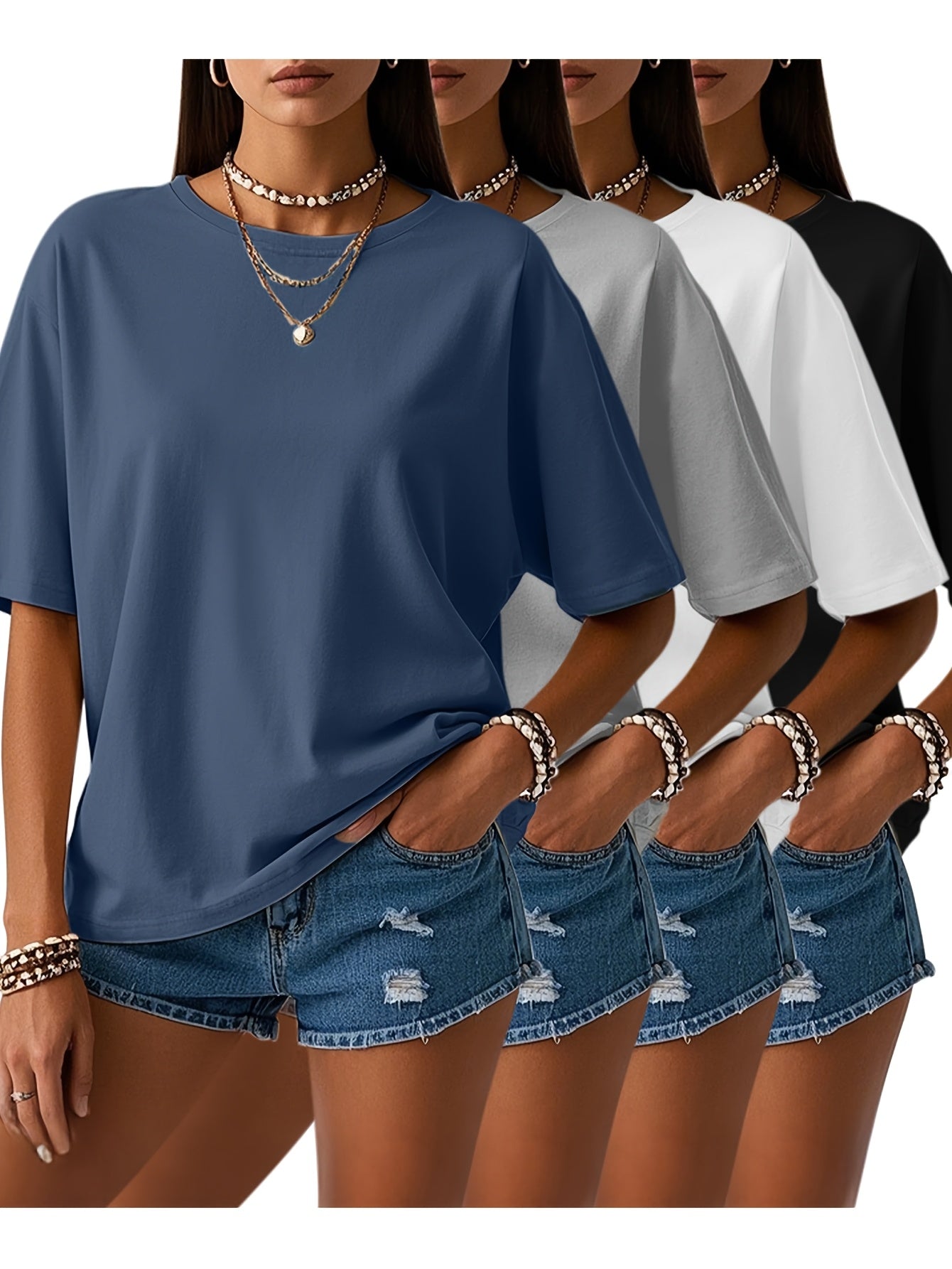 Women's Essential T-Shirt - 4-Pack Crew Neck Short Sleeve – Relaxed fit detail view