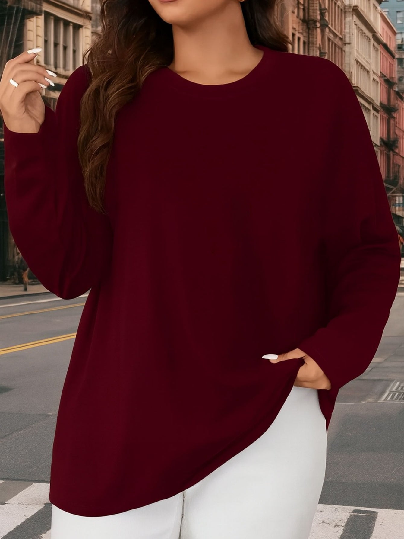 Women's Essential T-Shirt - Crew Neck Long Sleeve – Burgundy detail view