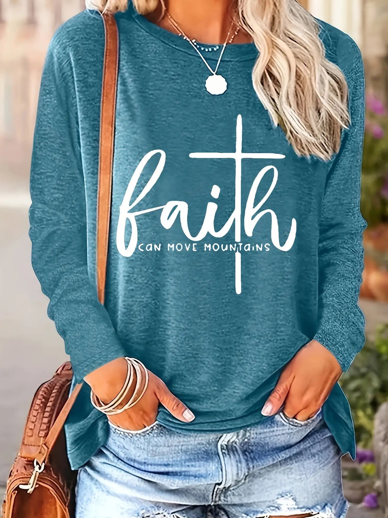 Women's Essential T-Shirt - Round Neck Long Sleeve – Blue / Pink – view 14