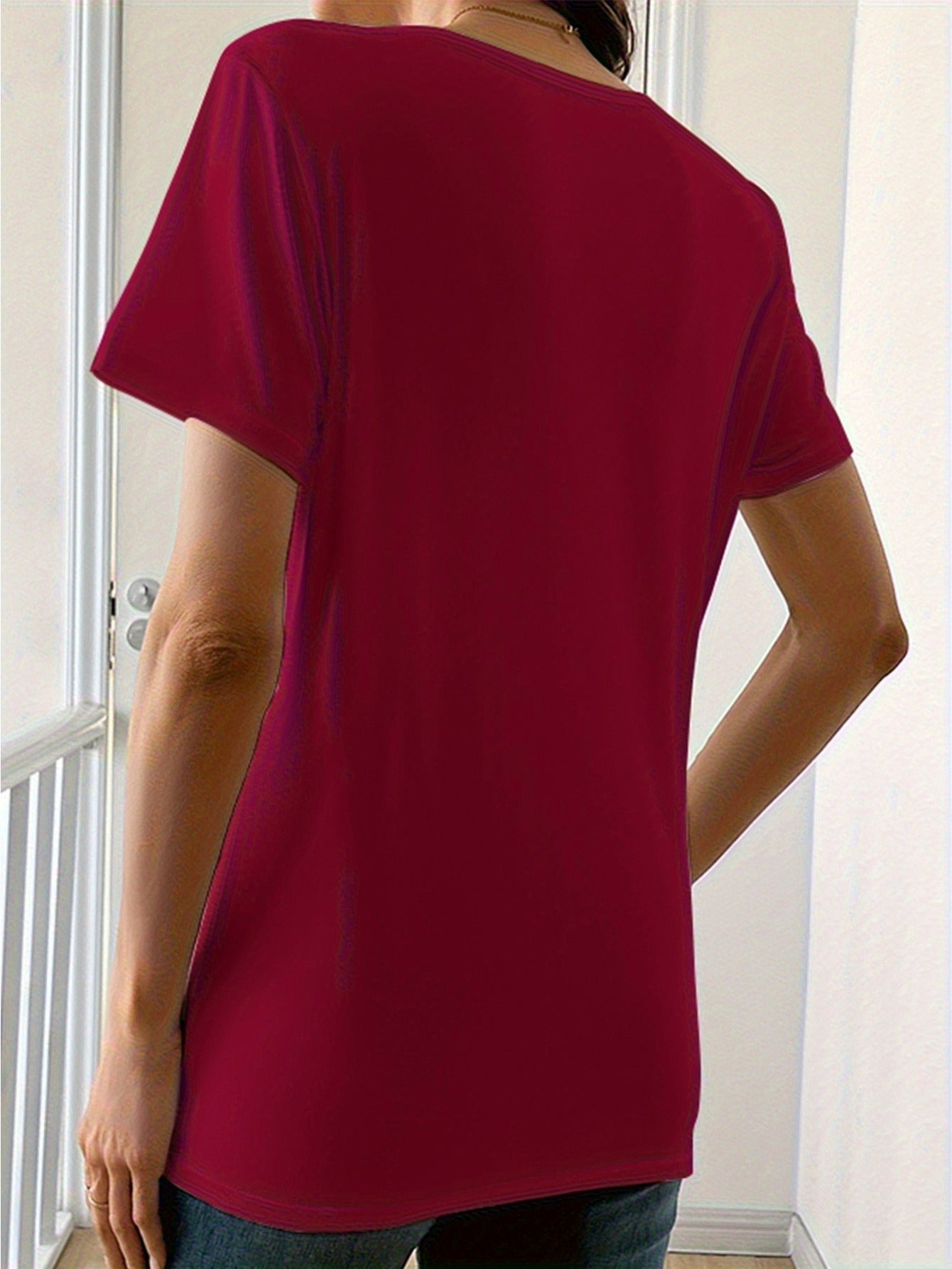 Women's Essential T-Shirt - Round Neck Short Sleeve – Burgundy / Deep Grey detail view