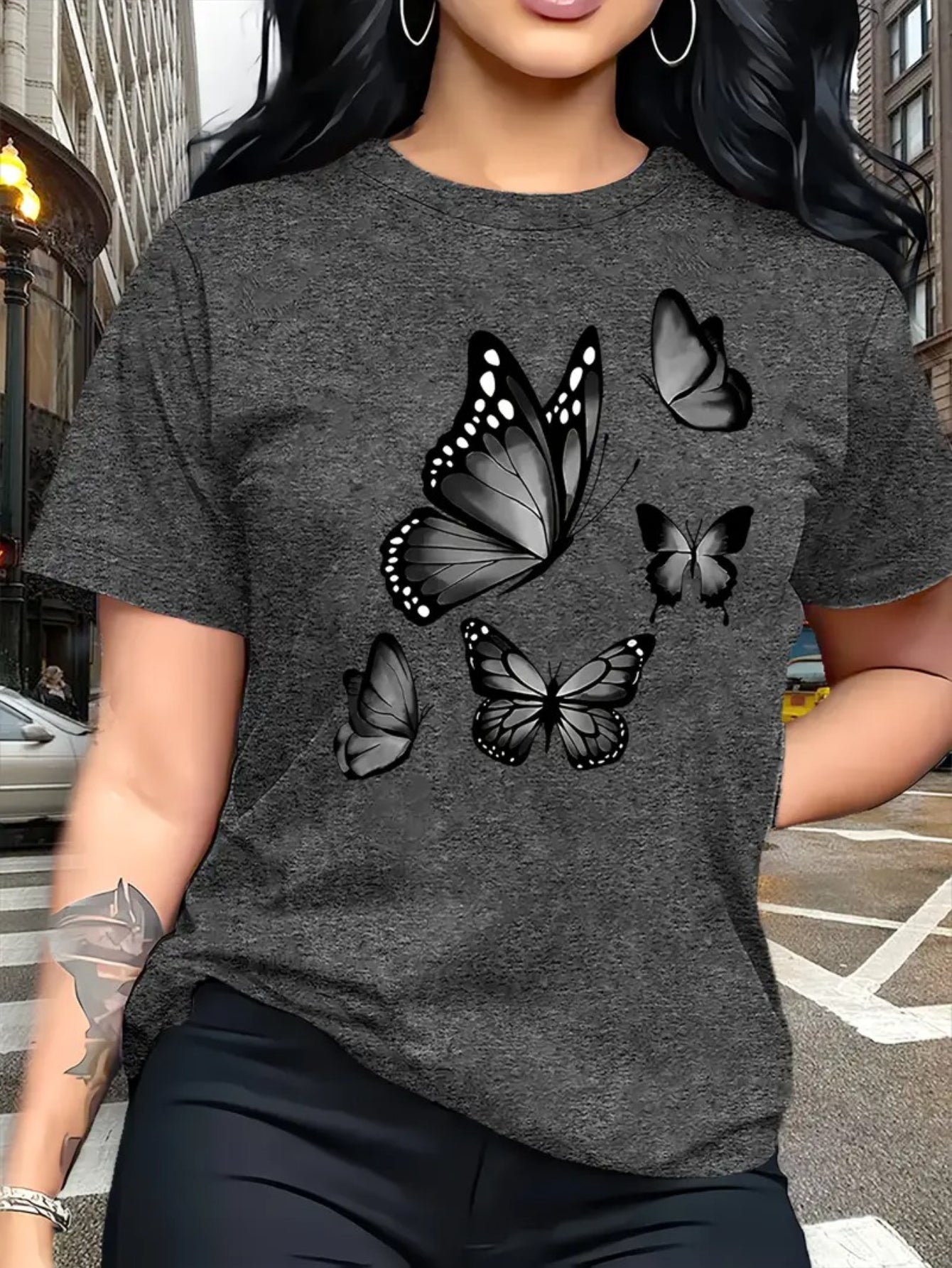 Women's Essential T-Shirt - Round Neck Short Sleeve – Dark Gray / White detail view