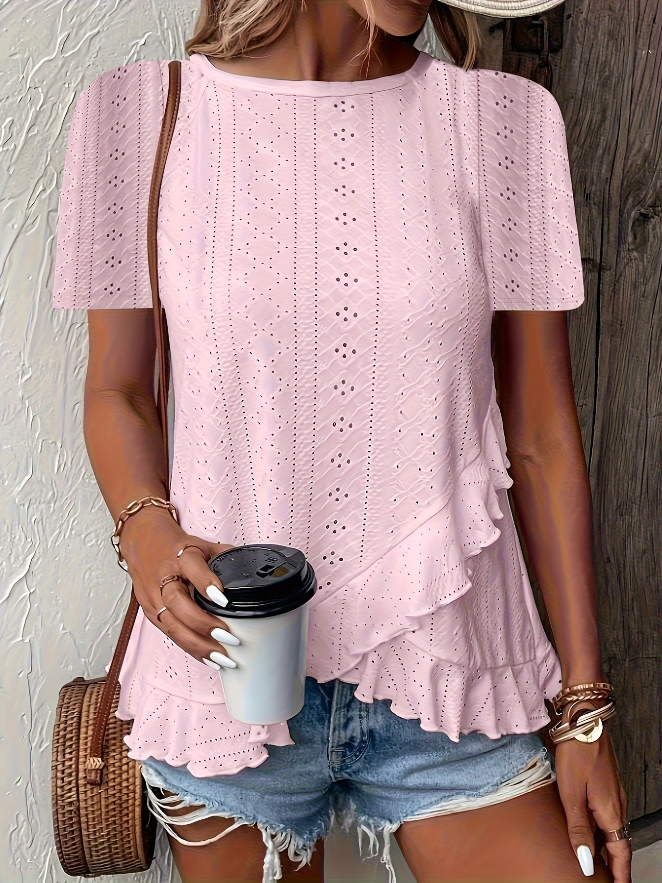 Women's Essential T-Shirt - Round Neck Short Sleeve – White / Pink detail view