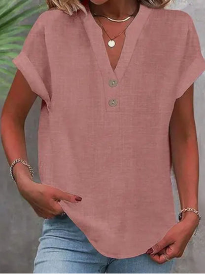 Women's Essential T-Shirt - V-Neck Short Sleeve – Black / Pink detail view