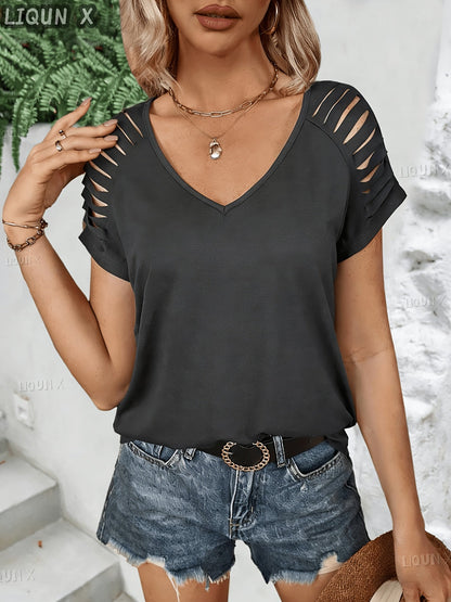 Women's Essential T-Shirt - V-Neck Short Sleeve – Dark Gray detail view
