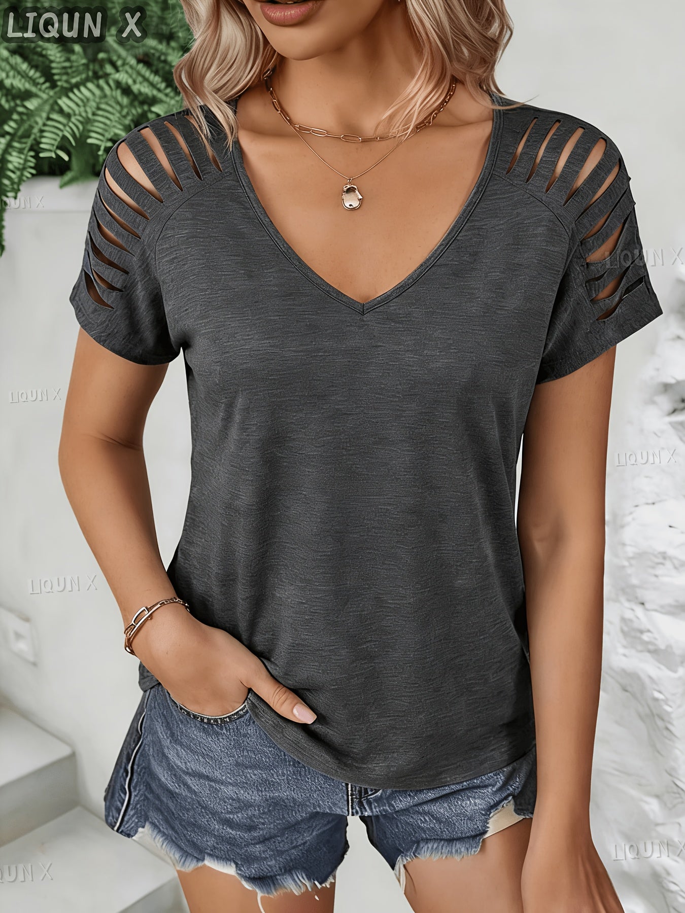 Women's Essential T-Shirt - V-Neck Short Sleeve – Dark Gray detail view