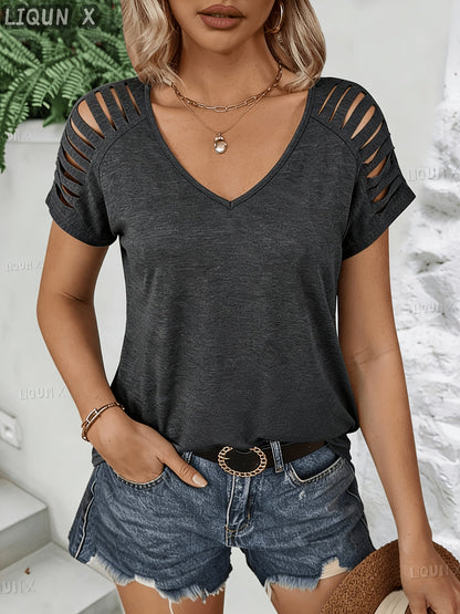 Women's Essential T-Shirt - V-Neck Short Sleeve – Dark Gray detail view