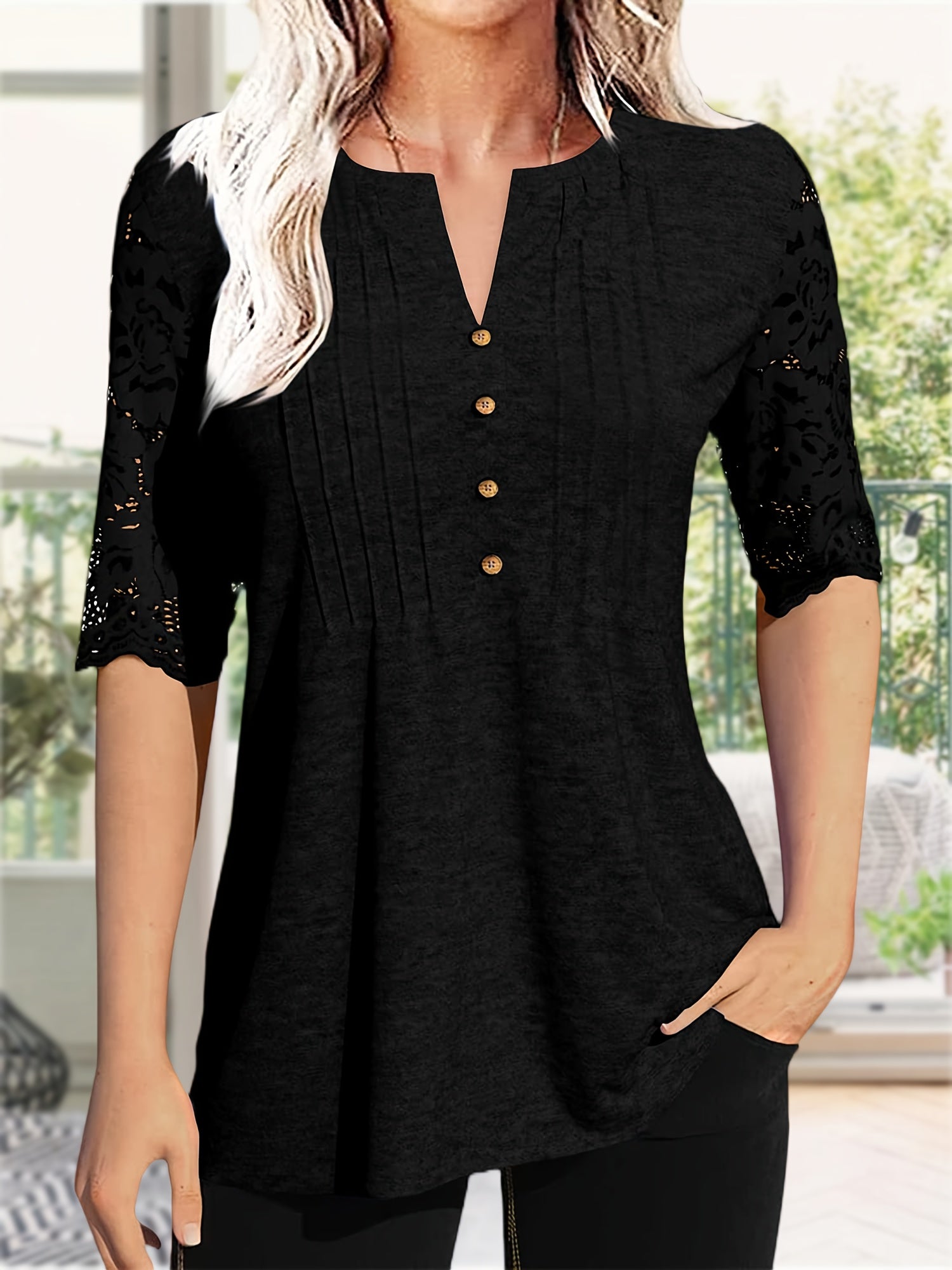 Women's Essential T-Shirt - V-Neck Short Sleeve – Green / Rose Red detail view