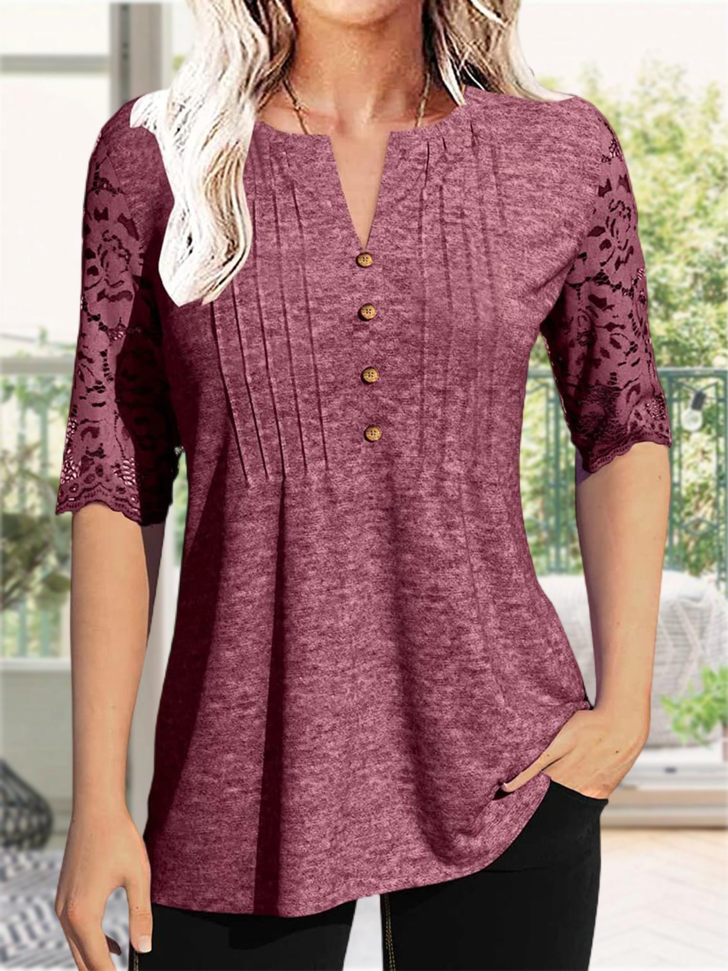 Women's Essential T-Shirt - V-Neck Short Sleeve – Green / Rose Red detail view