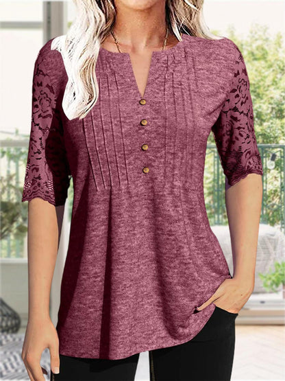 Women's Essential T-Shirt - V-Neck Short Sleeve – Green / Rose Red detail view