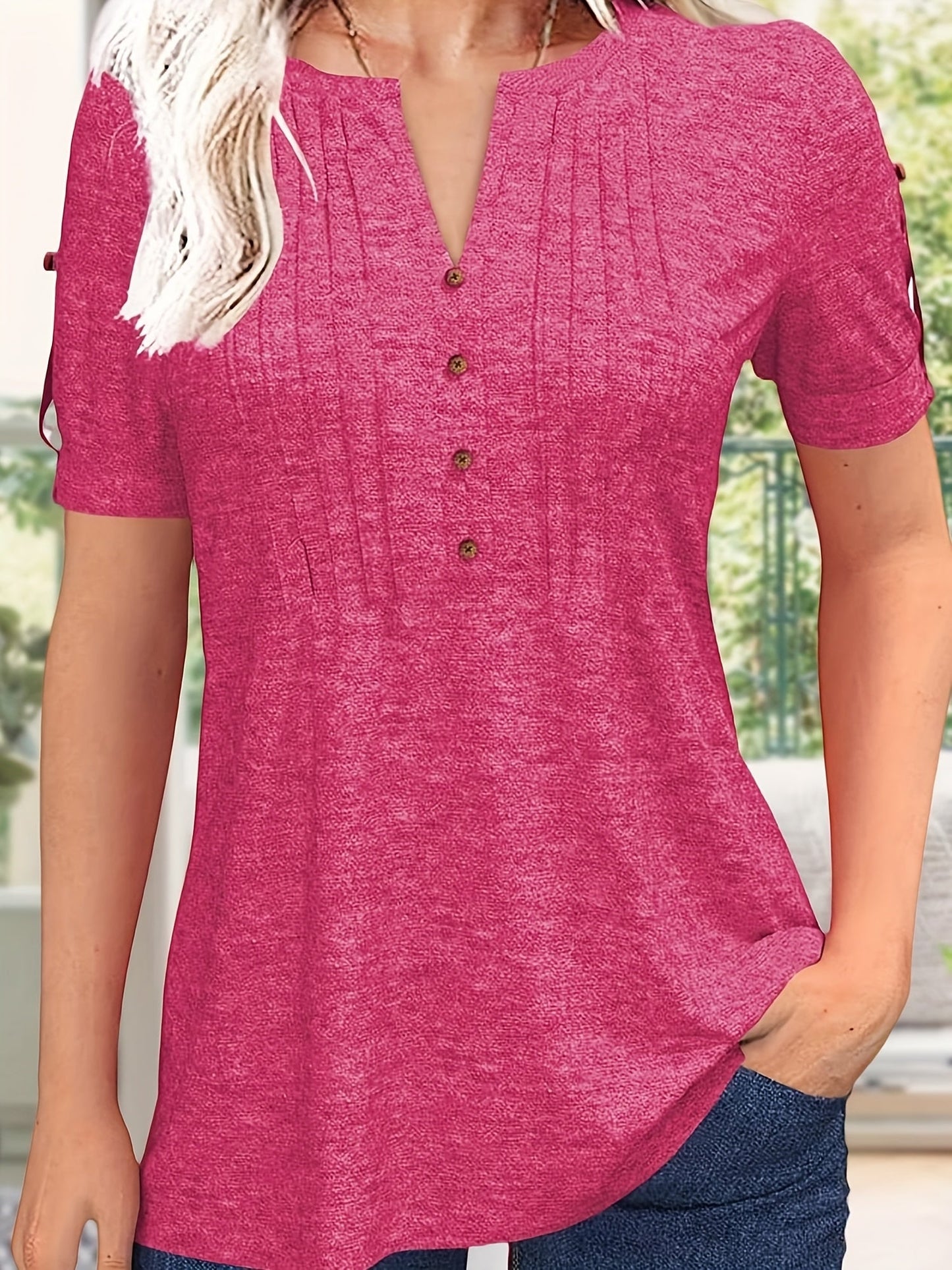 Women's Essential T-Shirt - V-Neck Short Sleeve – Green / Rose Red – Green option – view 4