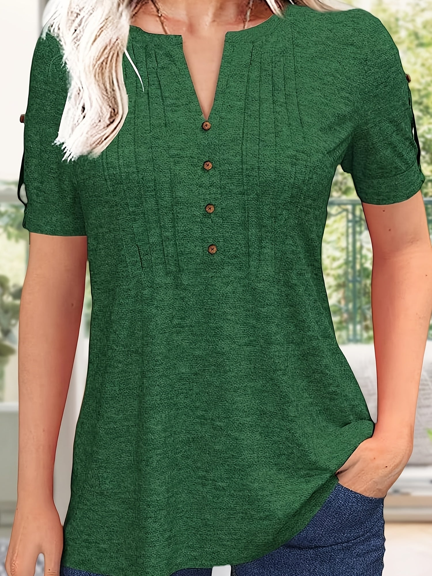 Women's Essential T-Shirt - V-Neck Short Sleeve – Green / Rose Red – Green option – view 5