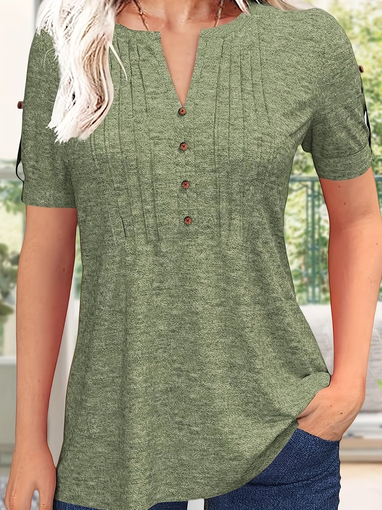 Women's Essential T-Shirt - V-Neck Short Sleeve – Green / Rose Red – Green option – view 6