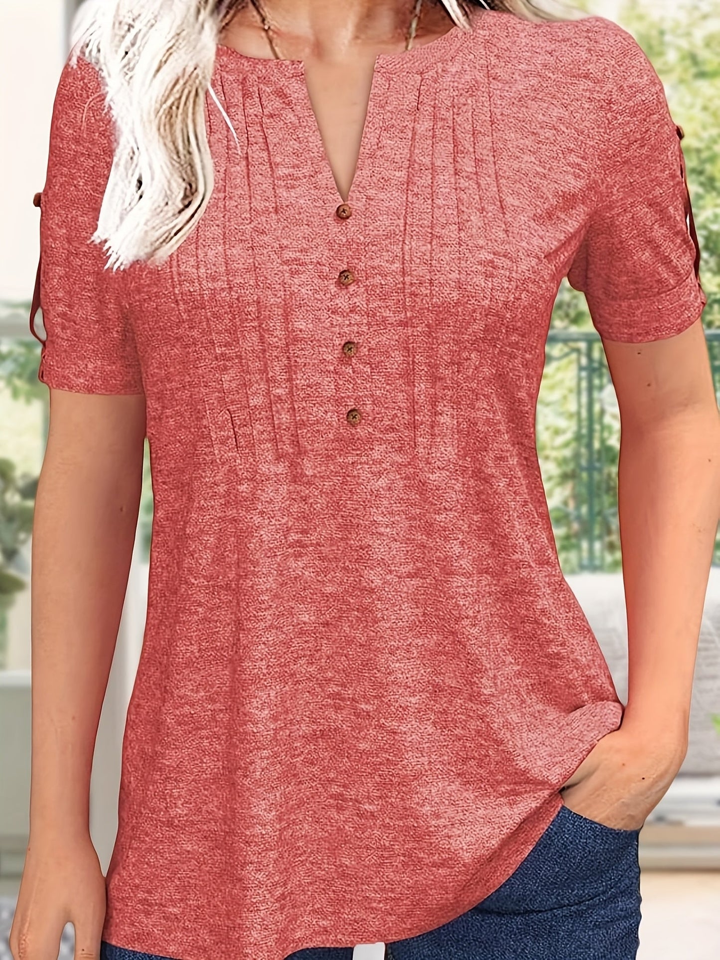 Women's Essential T-Shirt - V-Neck Short Sleeve – Green / Rose Red – Green option – view 9