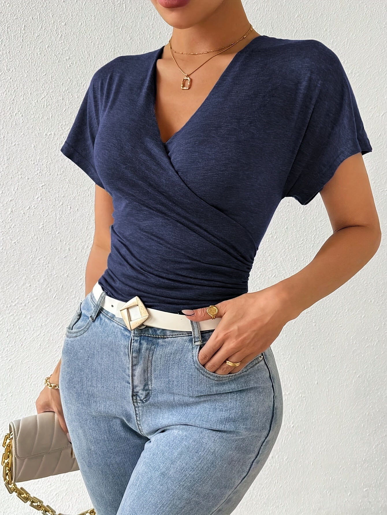 Women's Essential T-Shirt - V-Neck Short Sleeve – Navy Color detail view