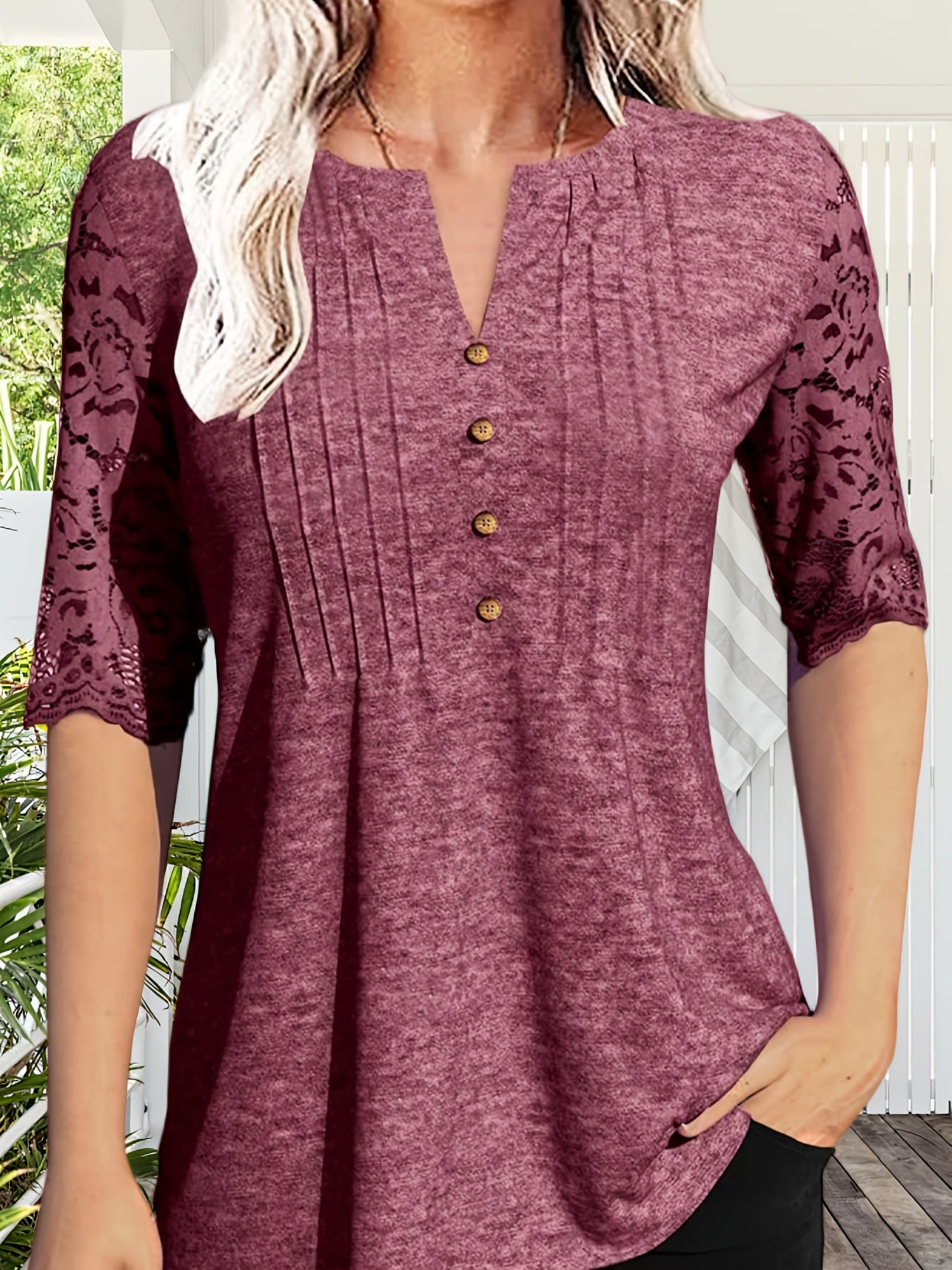 Women's Essential T-Shirt - V-Neck Short Sleeve – Pink / Black detail view