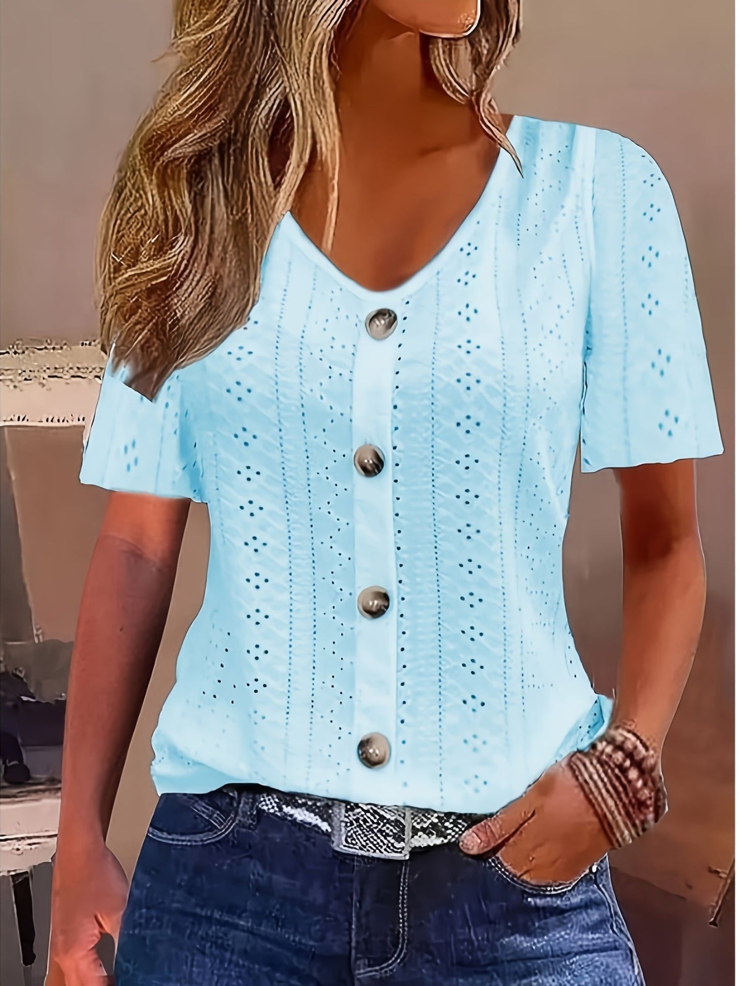 Women's Essential T-Shirt - V-Neck Short Sleeve – White / Light Blue – White option – main product image