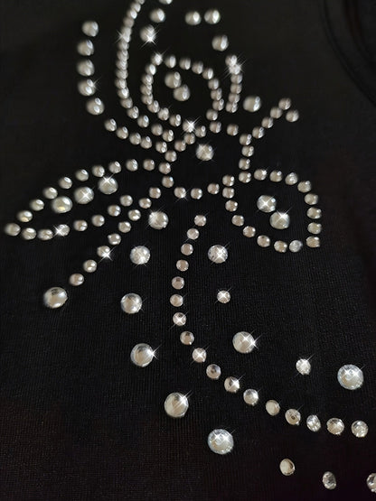 Women's Evening Dress – Women's Black Cold Shoulder Evening Gown - Rhinestone Detail detail view