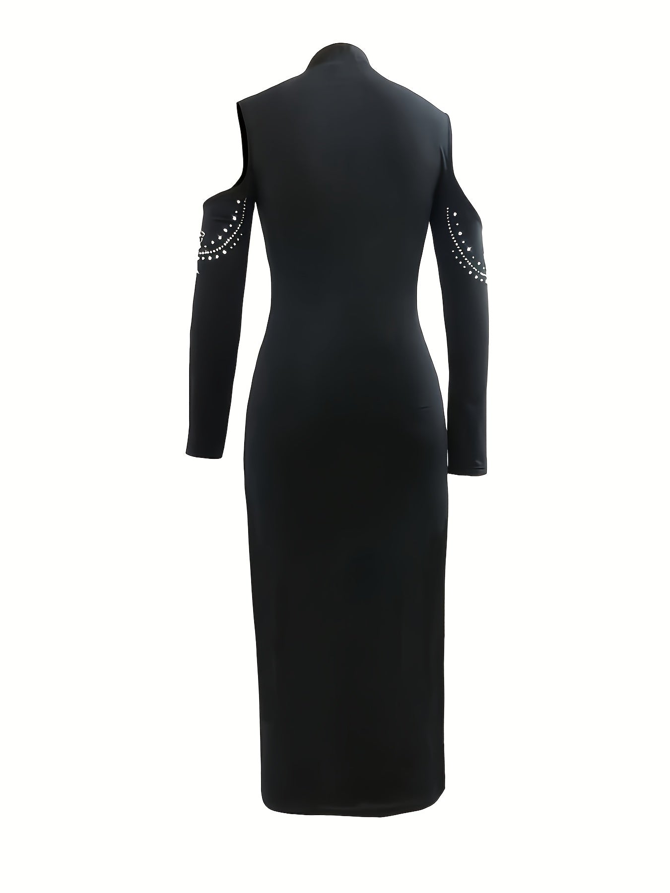 Women's Evening Dress – Women's Black Cold Shoulder Evening Gown - Rhinestone Detail detail view