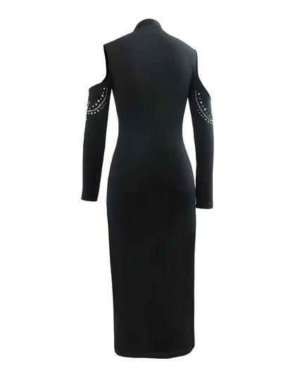 Women's Evening Dress – Women's Black Cold Shoulder Evening Gown - Rhinestone Detail detail view