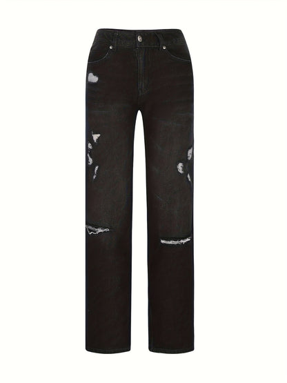 Women's Flare Jeans - Black Distressed Stretch detail view