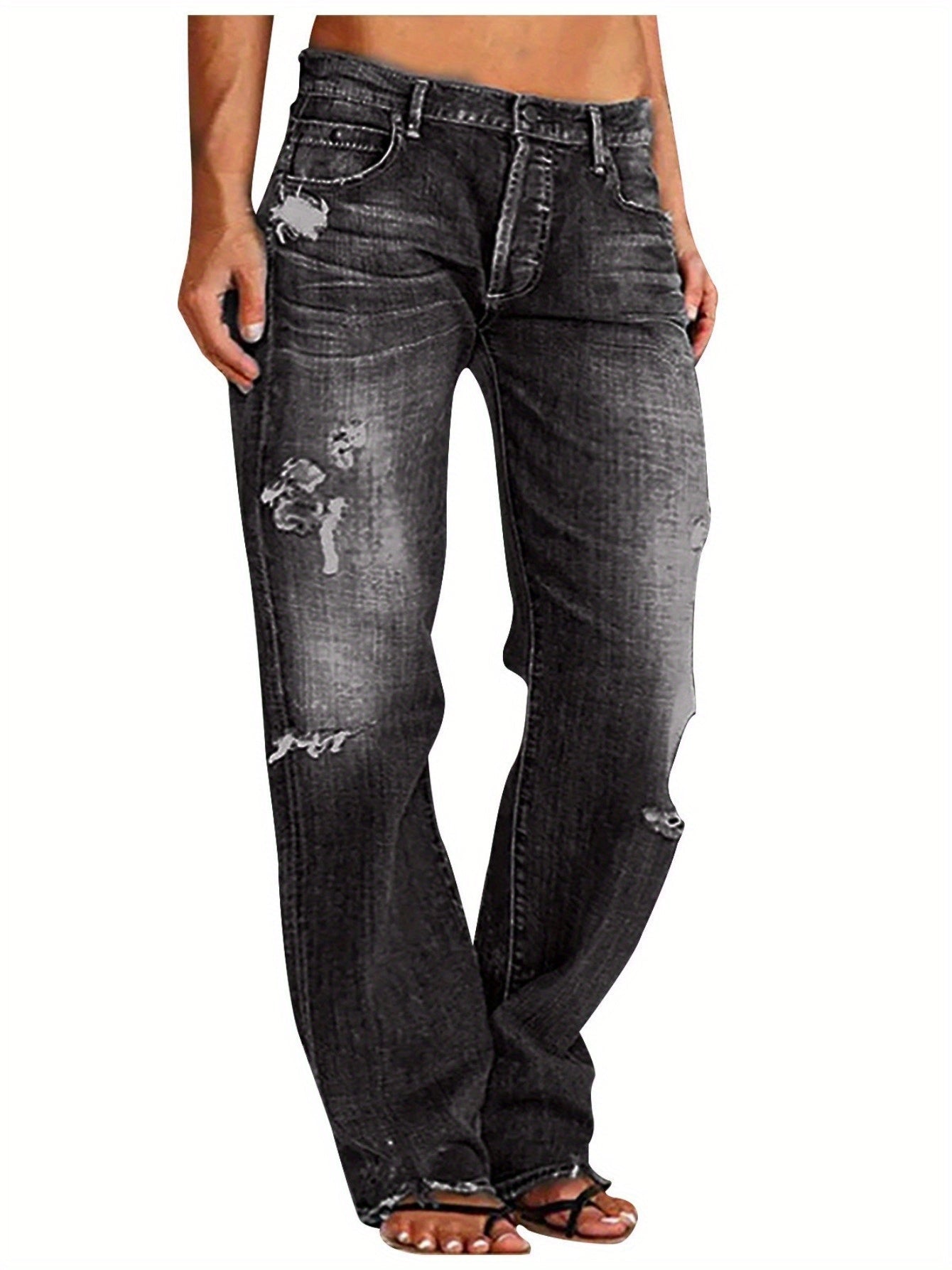 Women's Flare Jeans - Black Distressed Stretch detail view